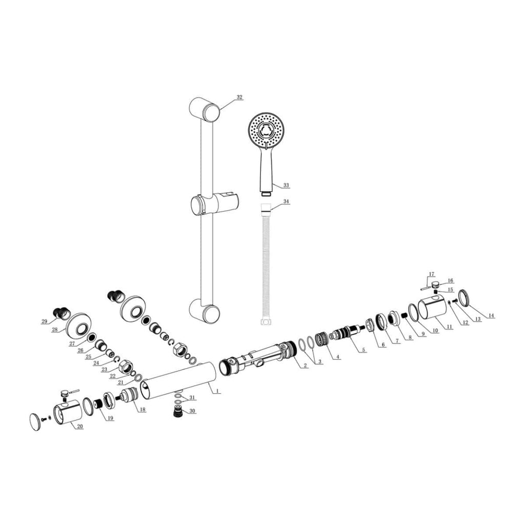 Exploded view of Bubly Bathrooms shower valve and components, showcasing plumbing parts and installation details for bathroom plumbing systems, ideal for bathroom renovation projects.