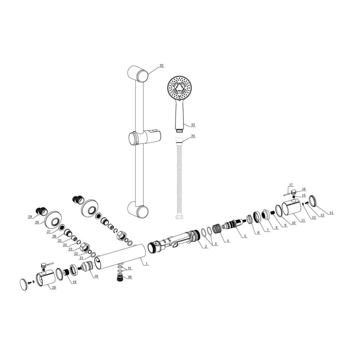 Exploded view of Bubly Bathrooms shower valve and components, showcasing plumbing parts and installation details for bathroom plumbing systems, ideal for bathroom renovation projects.
