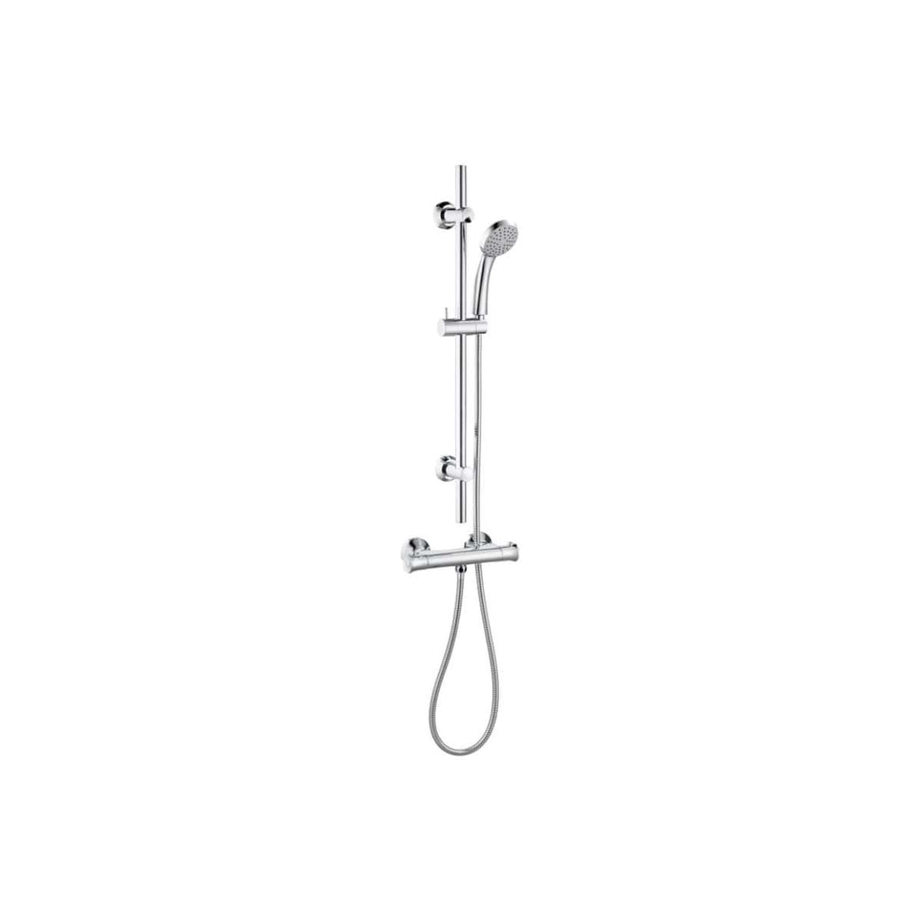 Chrome bathroom shower rail with handheld shower head, adjustable height, and flexible hose for modern bathroom upgrades.