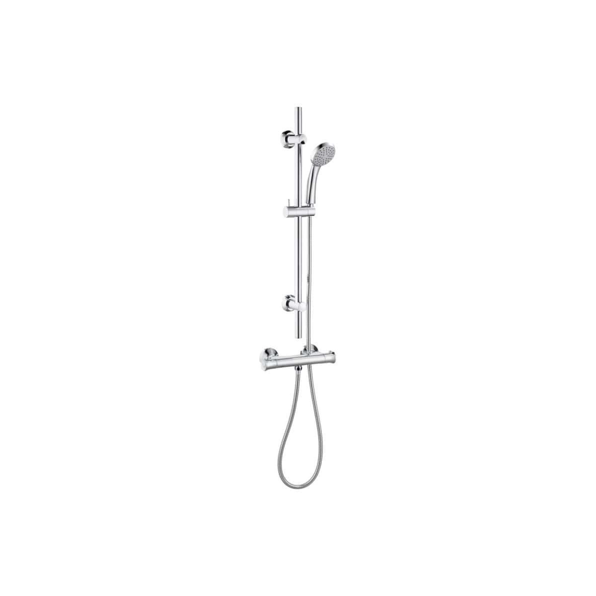 Chrome bathroom shower rail with handheld shower head, adjustable height, and flexible hose for modern bathroom upgrades.