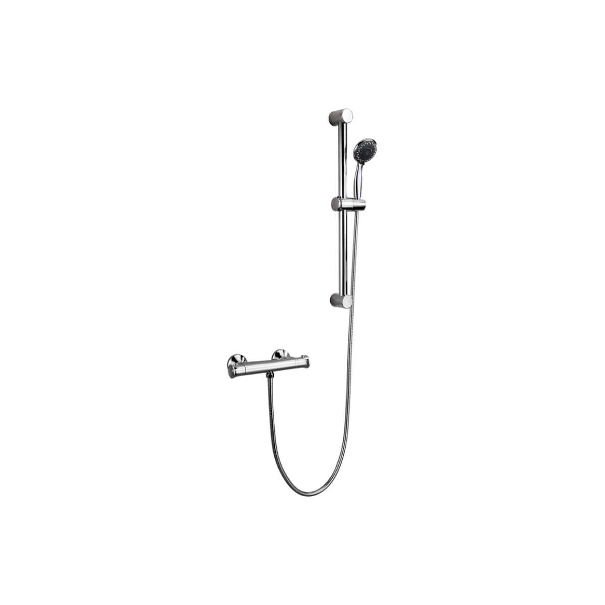 Polished chrome shower rail and handheld shower head set for modern bathrooms. Durable and stylish design, perfect for enhancing your shower experience. Easy to install and maintenance-friendly.