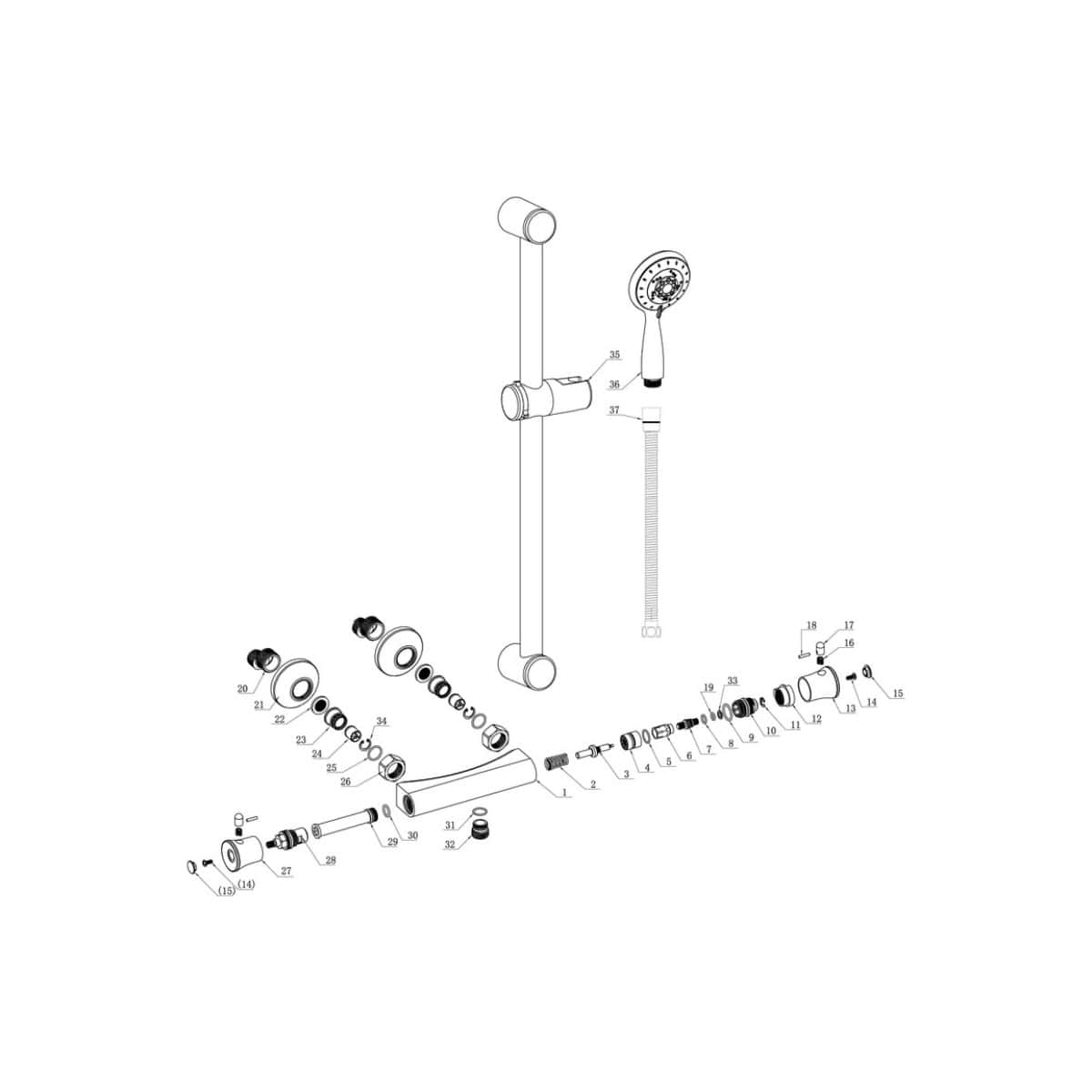 Flexible shower head and hose assembly exploded diagram for Bubly Bathrooms bathroom fixtures and fittings.