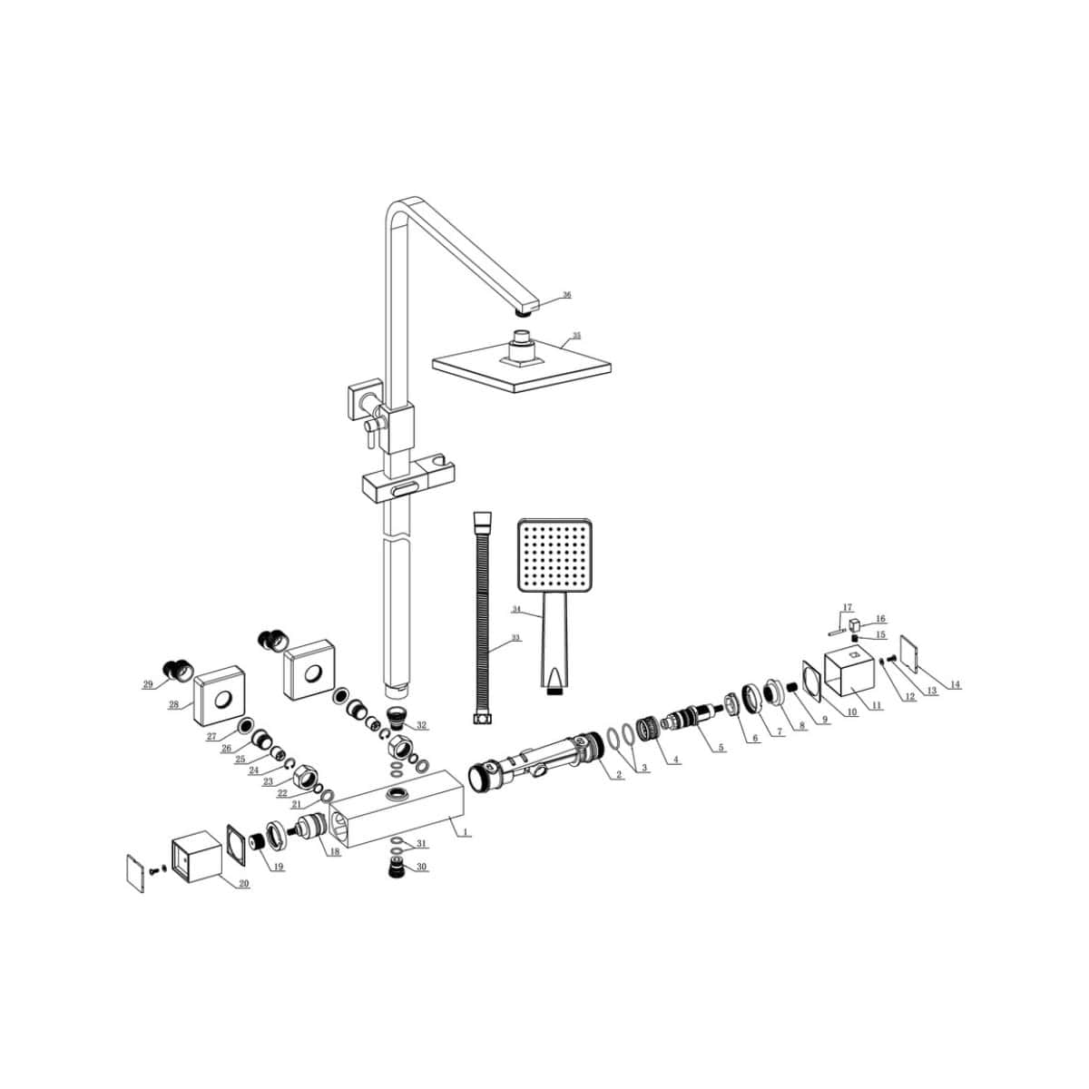 Schematic diagram of Bubly Bathrooms modern kitchen and bathroom tap assembly, showcasing various components including handles, spouts, and fittings for easy installation and maintenance.