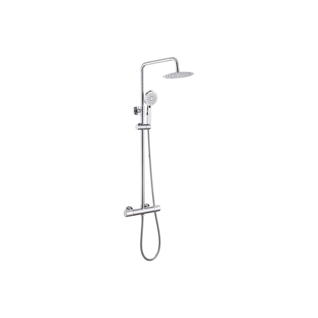 Polished chrome shower panel with overhead rain shower and handheld spray, modern bathroom fixture, ideal for luxurious Bubly bathrooms.