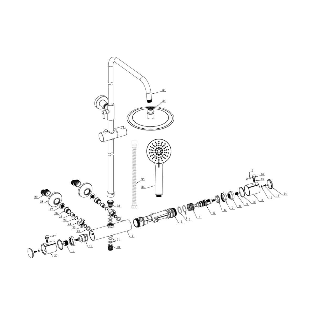 Shower system plumbing diagram with detailed components for Bubly Bathrooms, showcasing modern bathroom fixtures and installation parts.