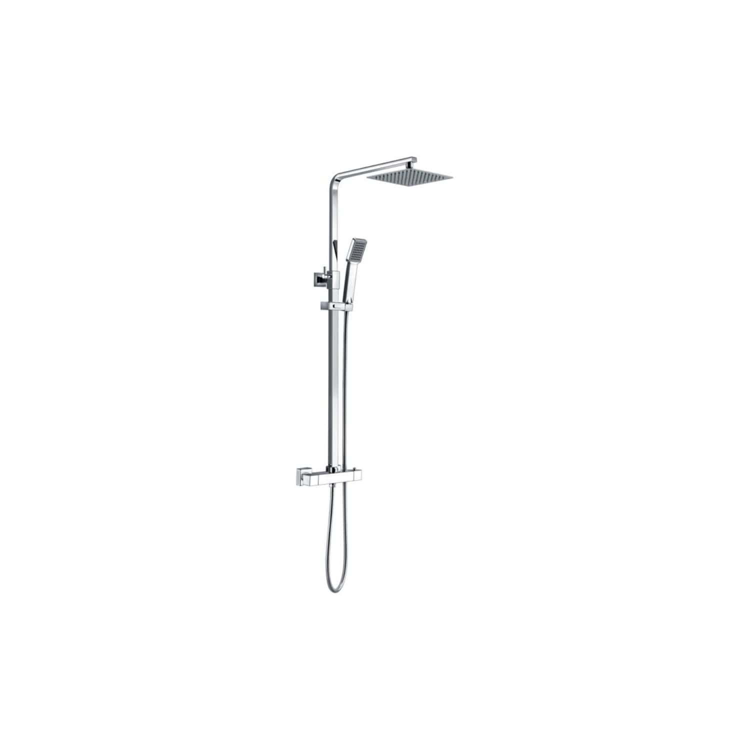 Sleek chrome shower system with rain showerhead, handheld shower wand, and adjustable controls for a modern bathroom upgrade. Perfect for luxury bathroom designs and customisable water flow.