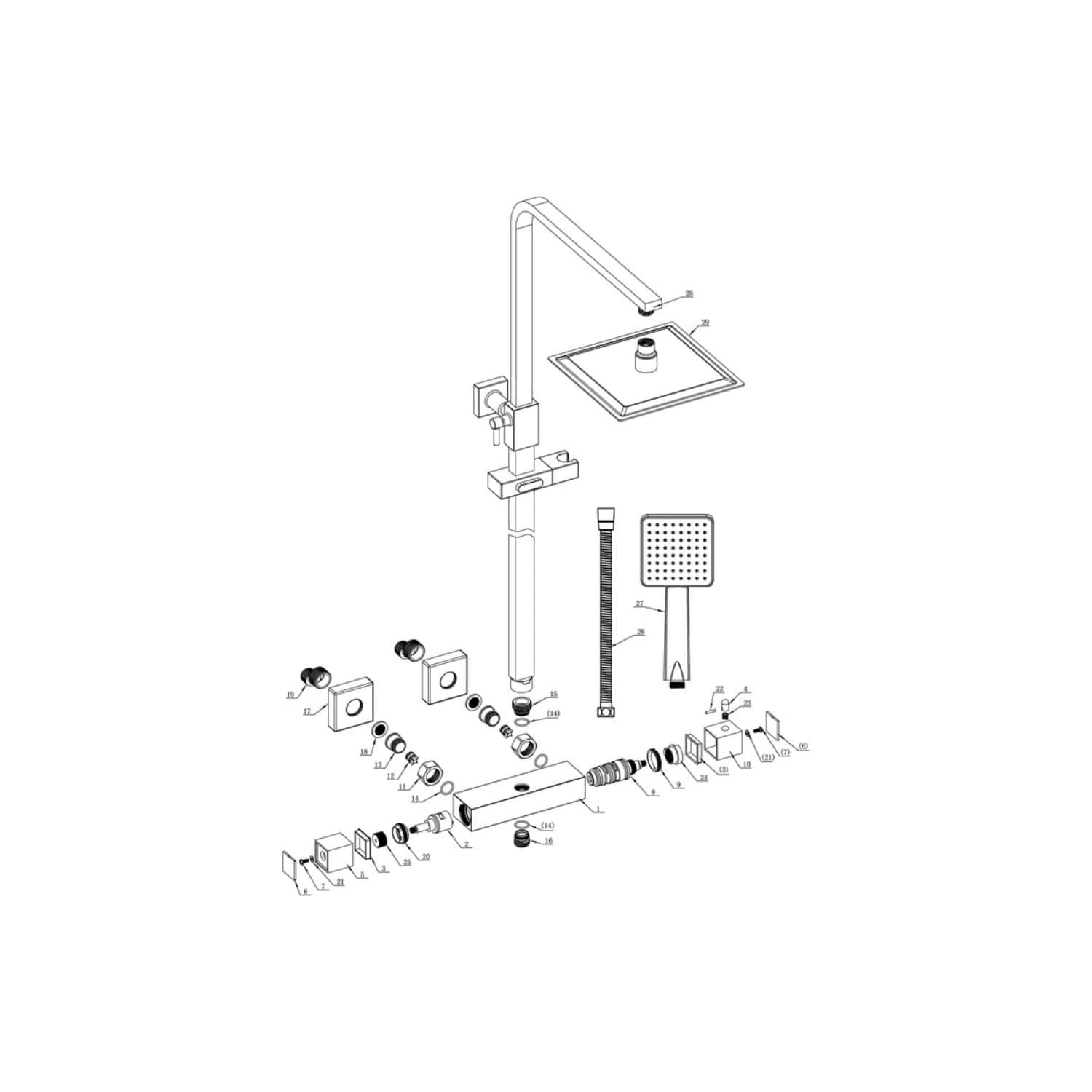 Modern bathroom faucet with integrated showerhead and square overhead shower, featuring sleek design and easy-to-use controls for a luxurious bathing experience.