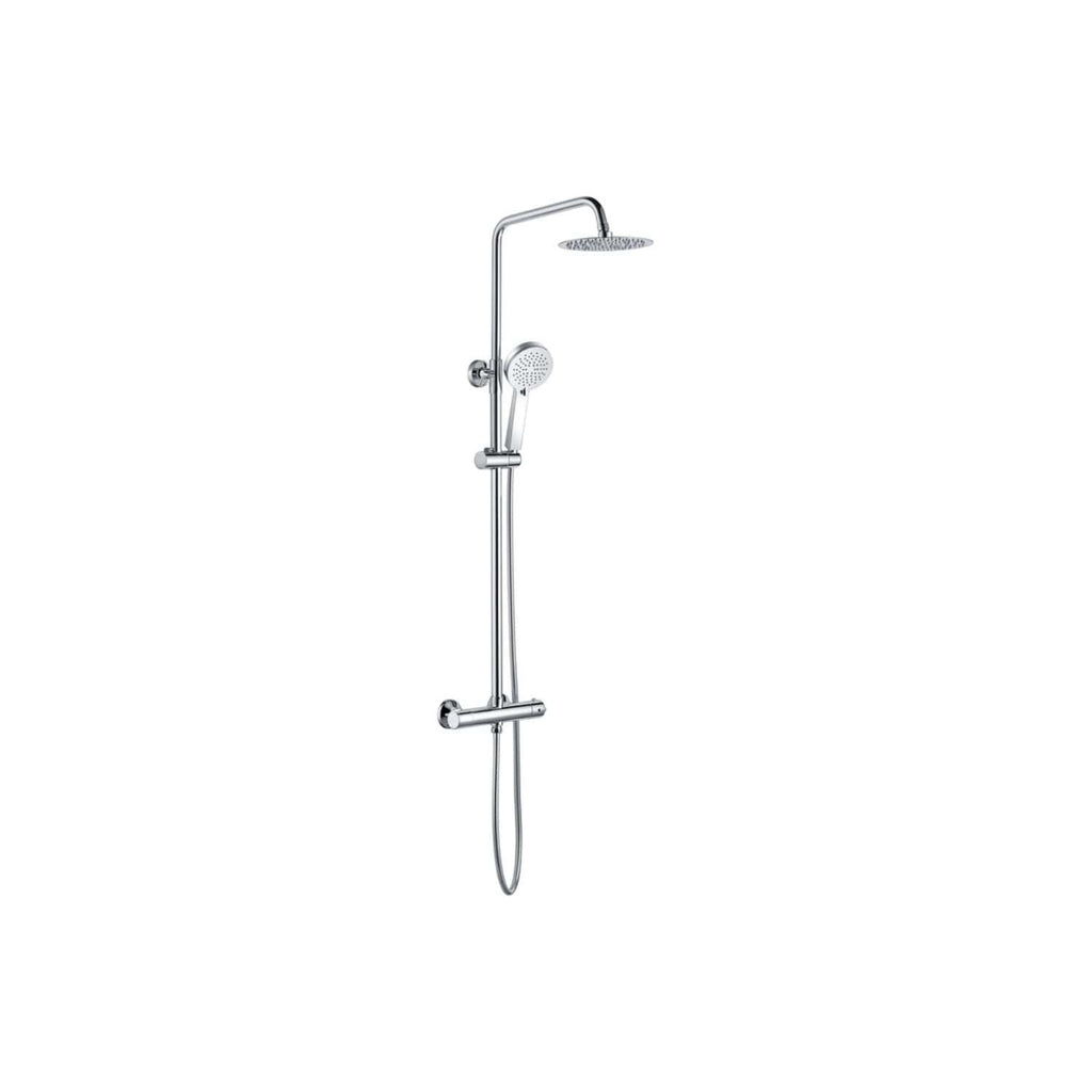 Shower height adjustable chrome bathroom shower system with overhead and handheld options. Suitable for modern bathrooms, offering versatile and stylish water coverage.