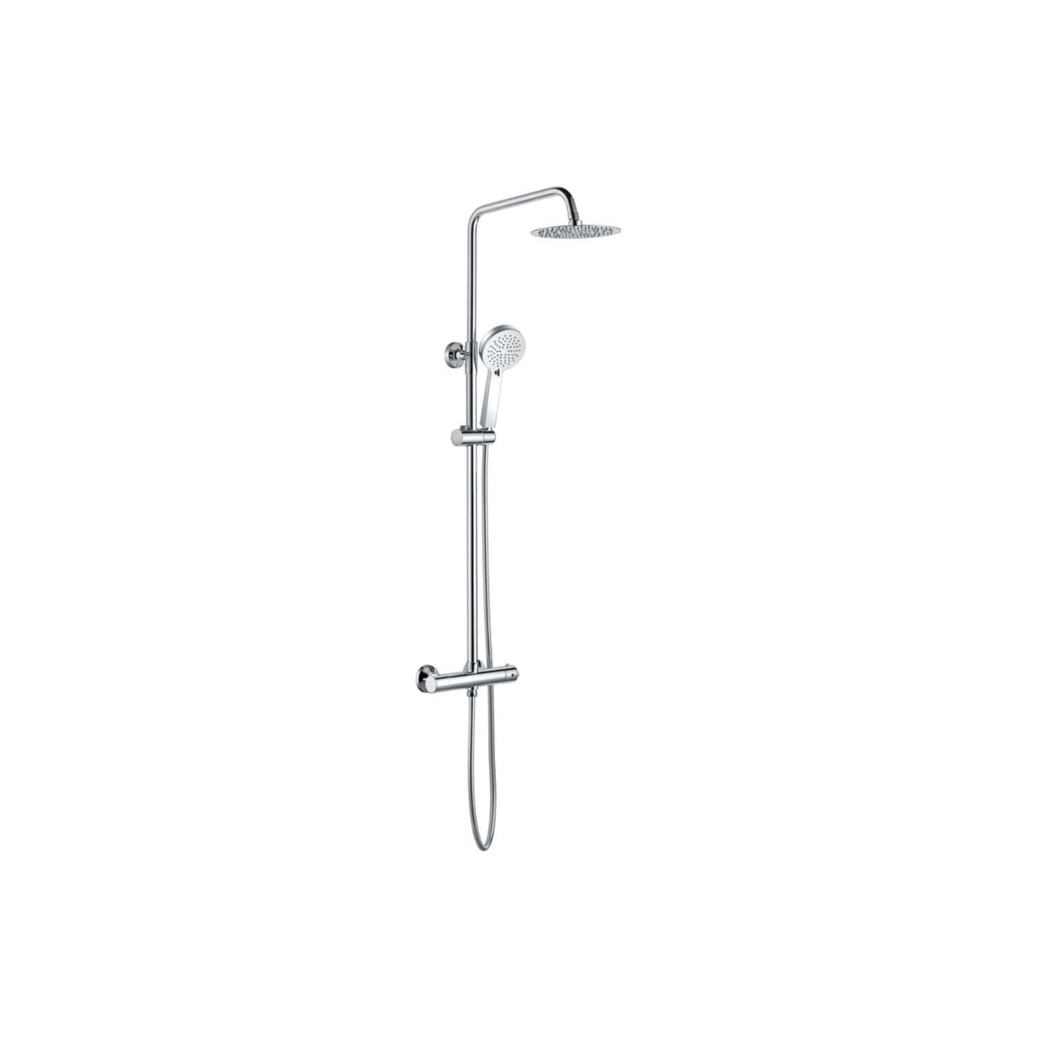 Shower height adjustable chrome bathroom shower system with overhead and handheld options. Suitable for modern bathrooms, offering versatile and stylish water coverage.