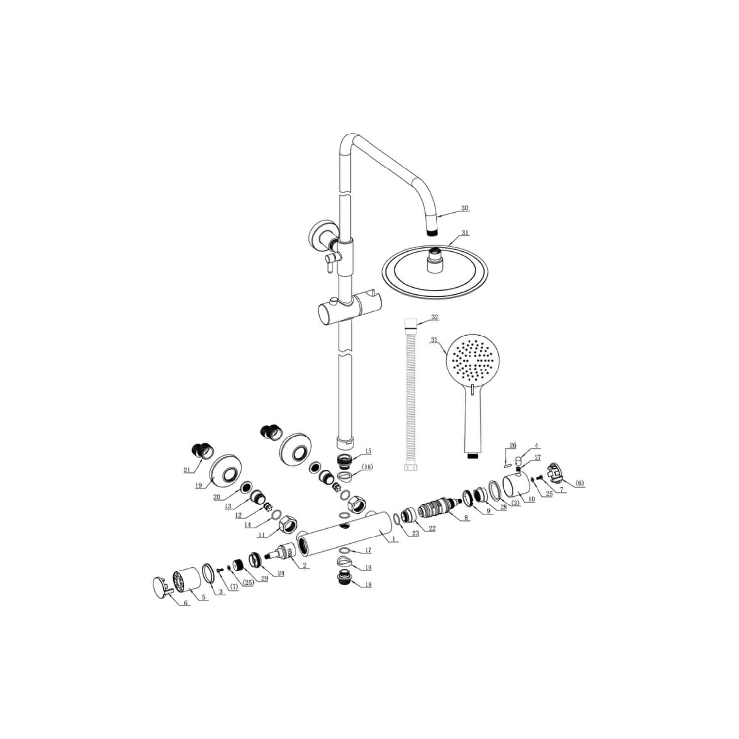 High-quality bathroom plumbing diagram featuring shower fittings, hand shower, hoses, and valves, ideal for bathroom renovation and plumbing installation projects.