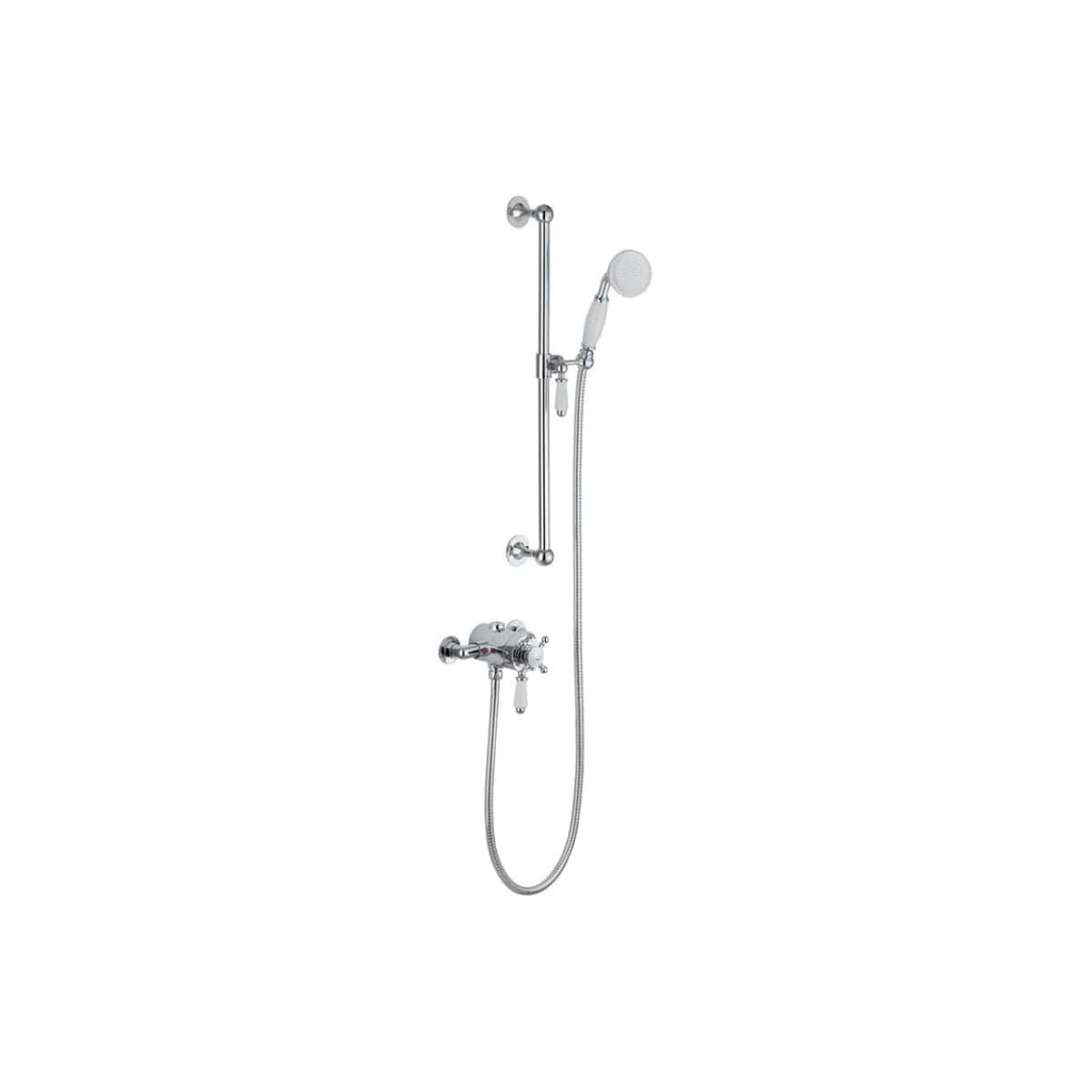 Polished chrome shower rail and handheld showerhead set for bathroom installation.