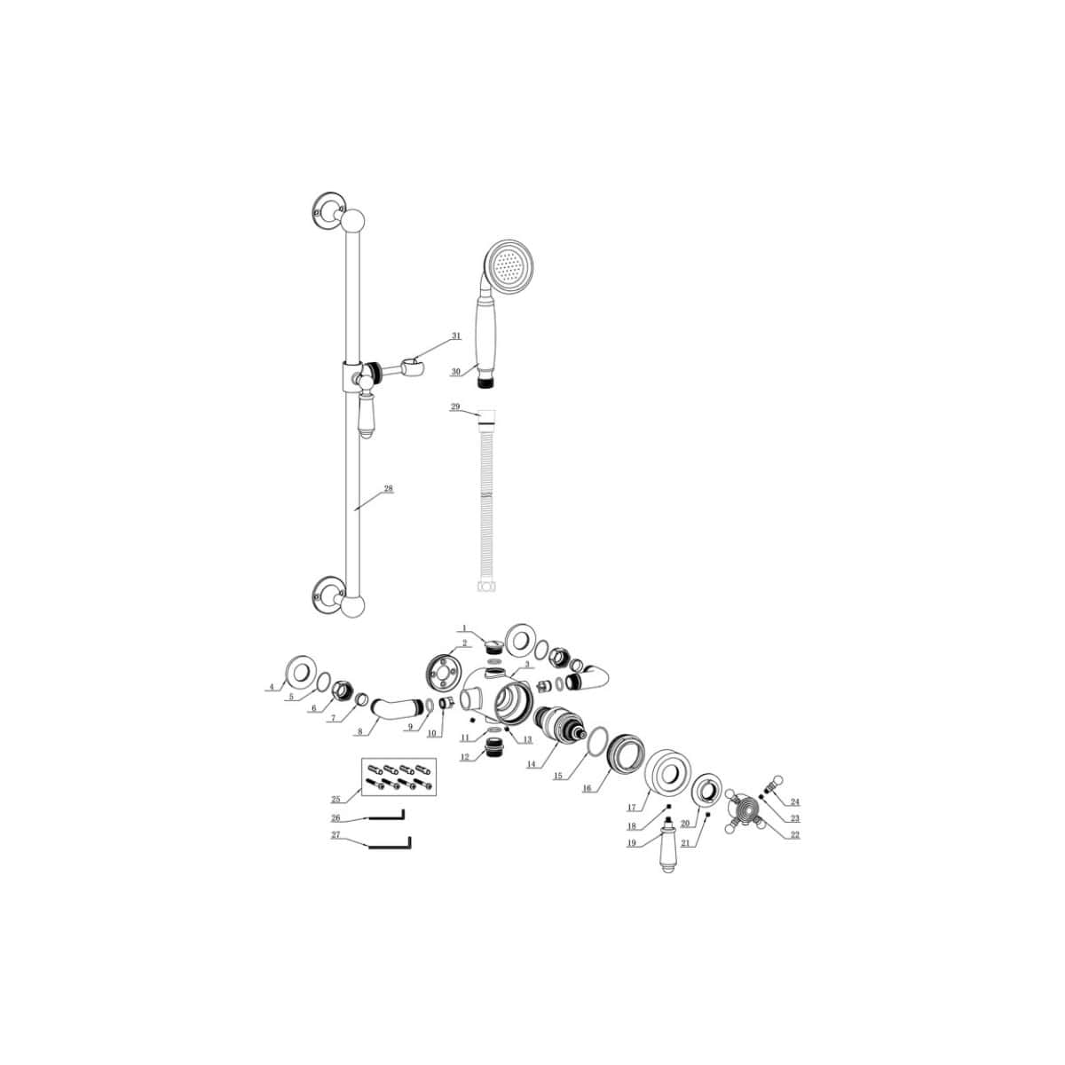 Handheld shower head and plumbing parts diagram for Bubly Bathrooms bathroom fittings and shower installation.