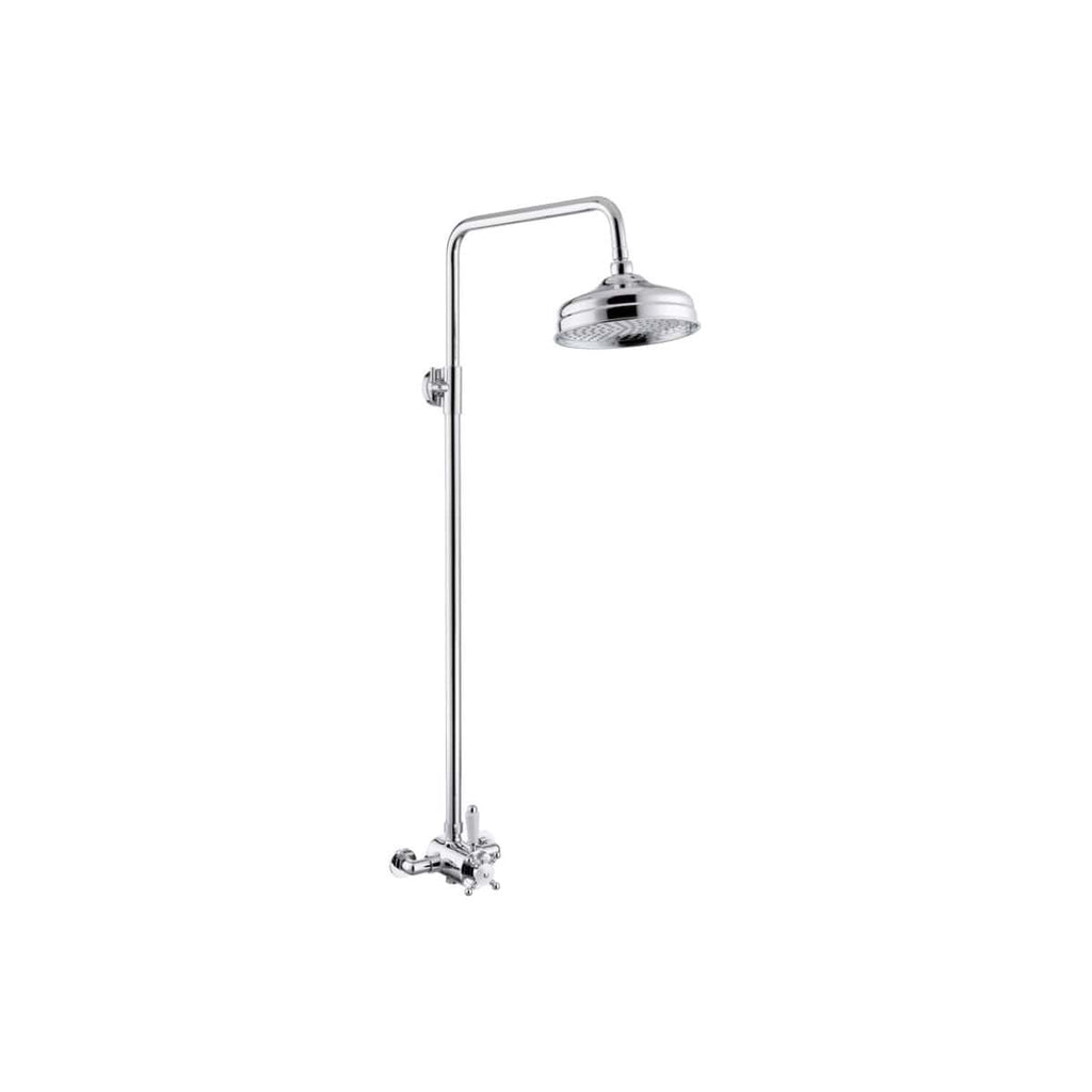Chrome shower head with adjustable height, wall-mounted bathroom shower fixture. Suitable for modern bathroom design and easy installation, combining style and functionality.