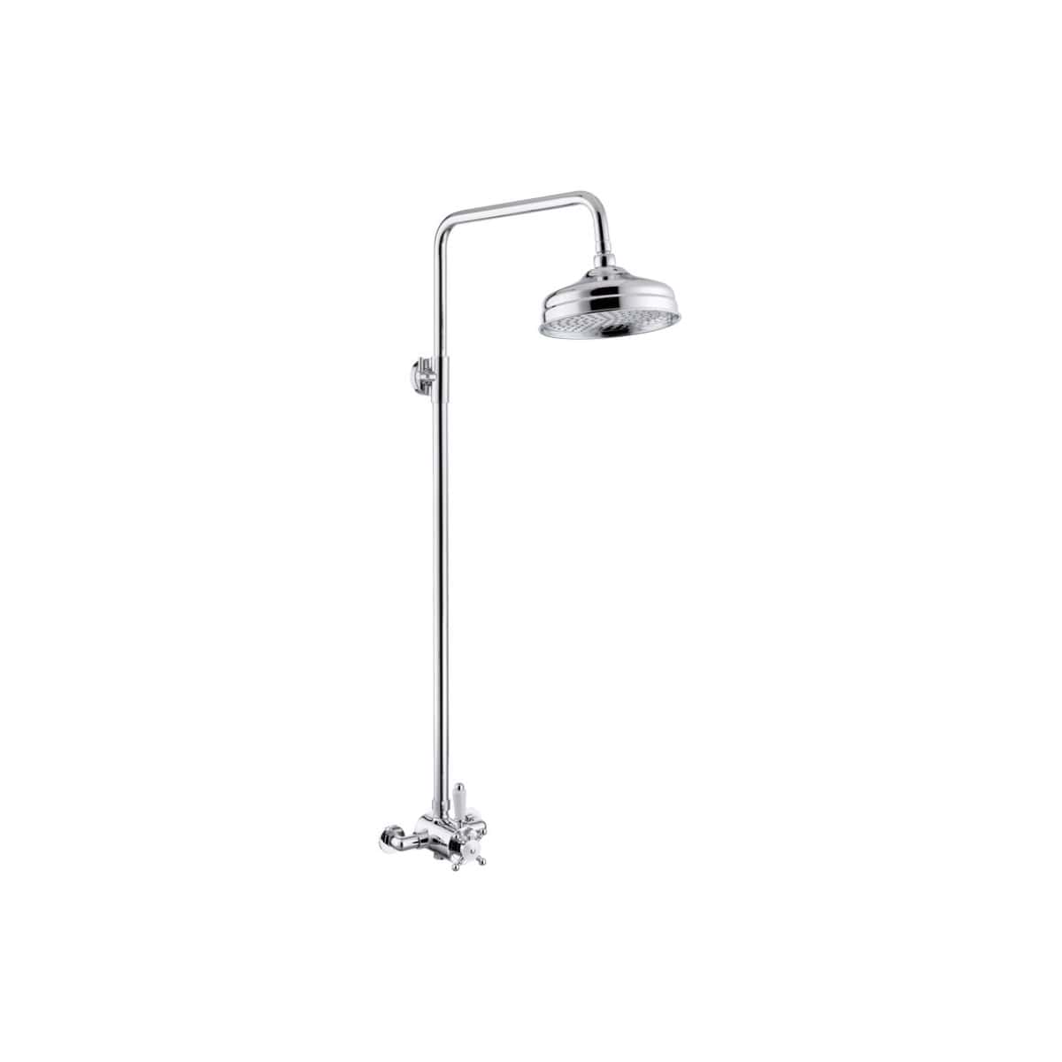 Chrome shower head with adjustable height, wall-mounted bathroom shower fixture. Suitable for modern bathroom design and easy installation, combining style and functionality.
