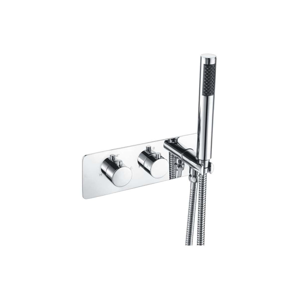 Chrome handheld shower with temperature control and adjustable spray settings, sleek bathroom fixture for modern showers.