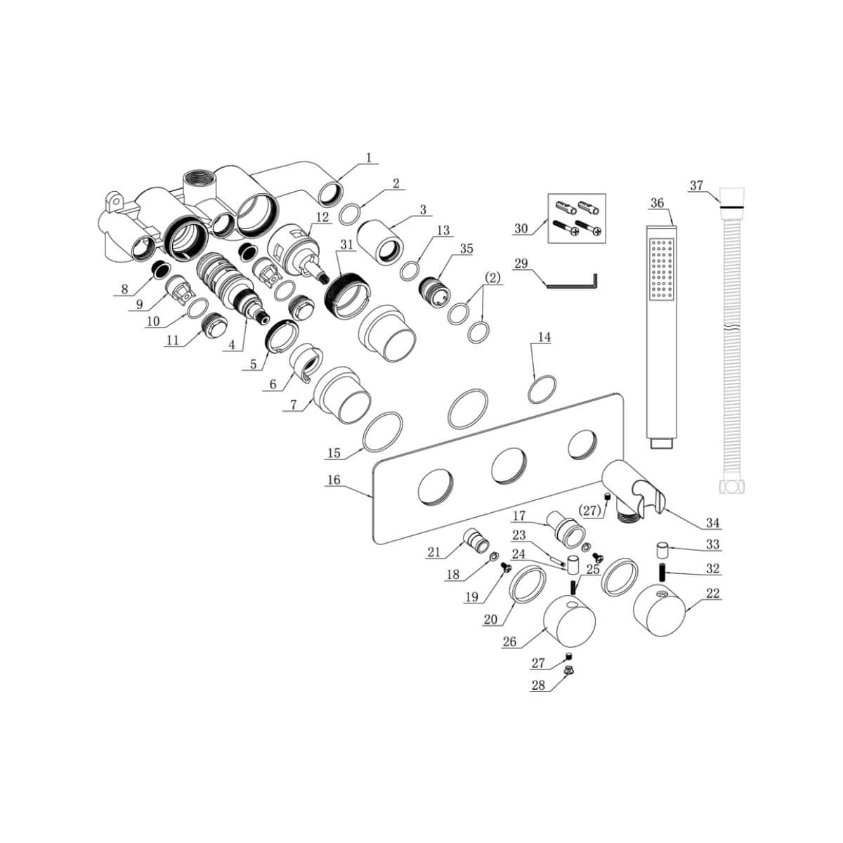 Silhouette of a detailed bathroom plumbing system diagram for Bubly Bathrooms, showcasing components such as faucets, valves, and shower fittings in technical line art.
