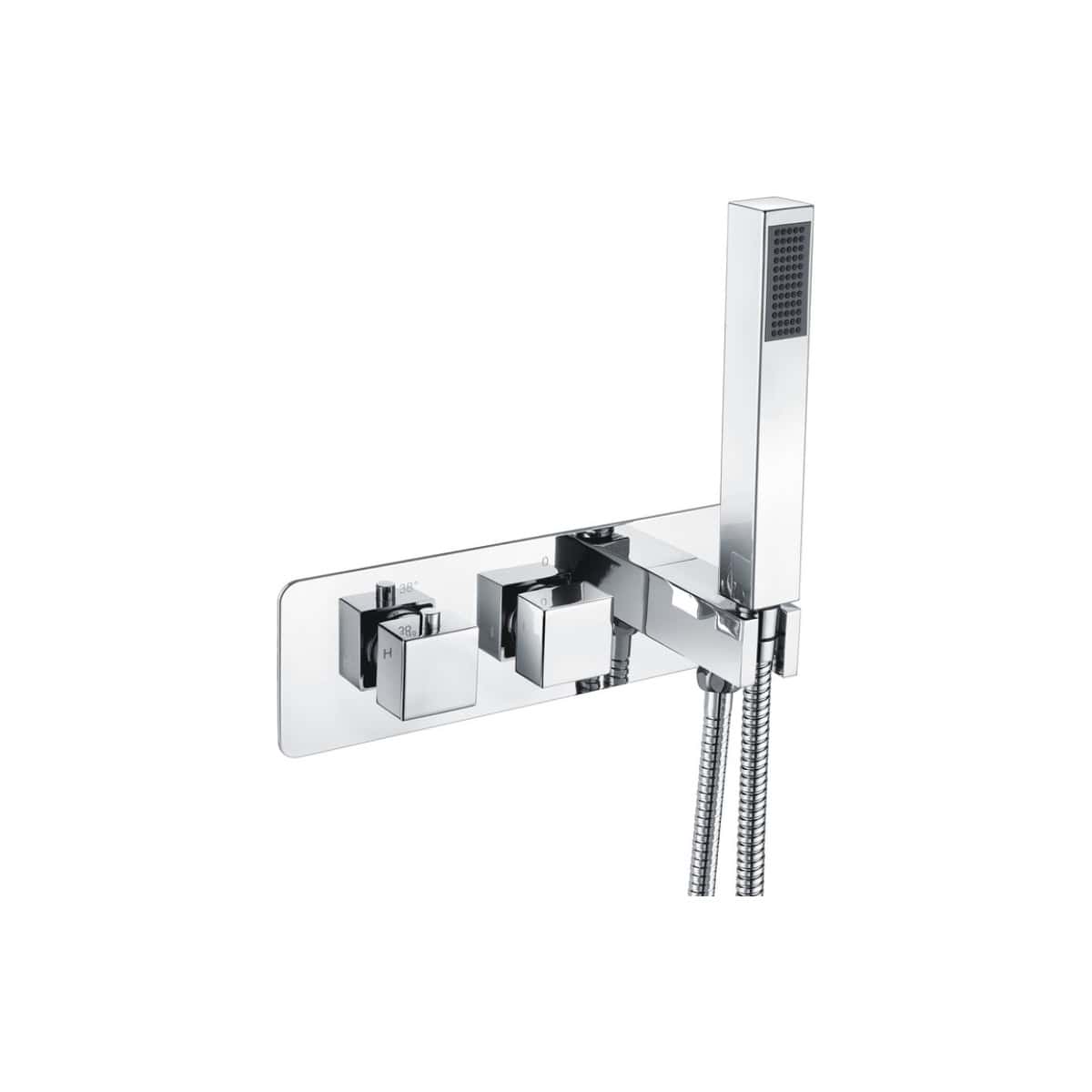 Modern chrome bathroom mixer with handheld shower, thermostatic controls, and sleek design, ideal for stylish and functional bathroom renovations.