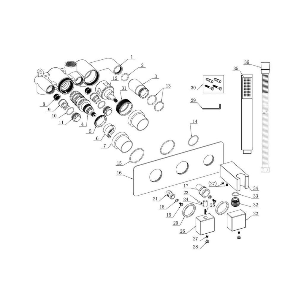 High-quality technical exploded view of a bathroom valve assembly, demonstrating plumbing components, seals, and fittings for Bubly Bathrooms' bathroom installation and repair services.