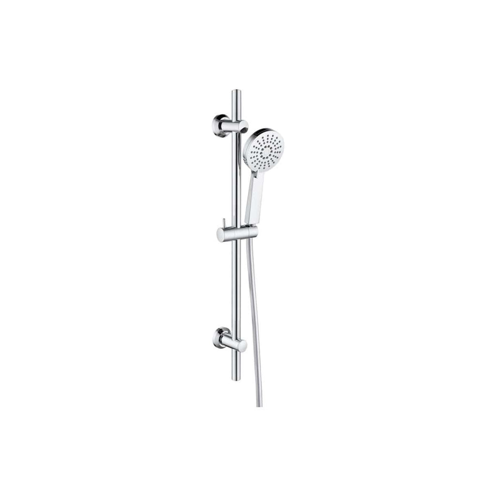 Brushed chrome shower rail with adjustable hand shower and vertical sliding bar, ideal for modern bathrooms, offering convenient showering options and sleek bathroom fixture styling.