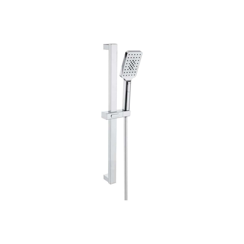 Polished chrome handheld showerhead with adjustable slide rail for modern bathroom baths and showers. Durable and sleek design ideal for luxury bathroom remodels and space-saving solutions.
