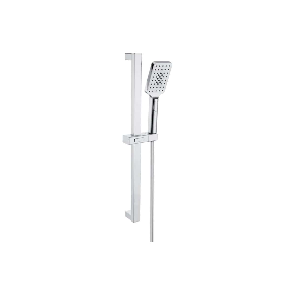 Polished chrome handheld showerhead with adjustable slide rail for modern bathroom baths and showers. Durable and sleek design ideal for luxury bathroom remodels and space-saving solutions.