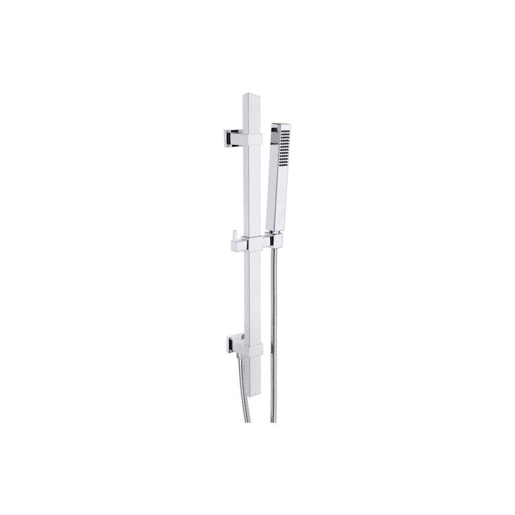 Sleek modern handheld shower system with adjustable slide rail and chrome finish, perfect for luxury bathroom renovations and stylish shower setups.