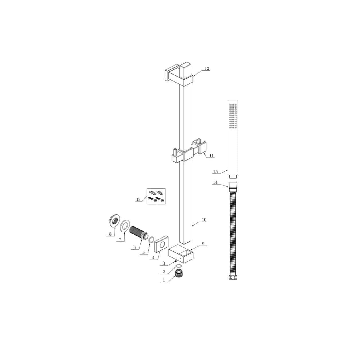 High-quality bathroom shower assembly diagram from Bubly Bathrooms showcasing modern shower installation components and details. Perfect for bathroom renovation and DIY plumbing projects.