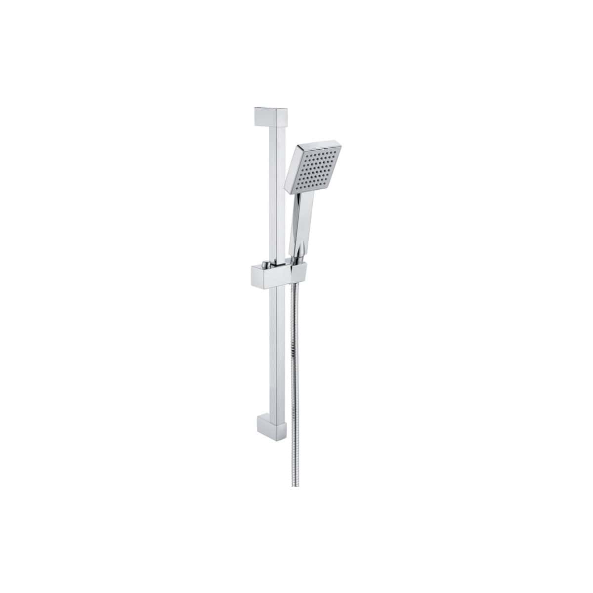 Sleek modern shower head and handheld shower system with adjustable height, chrome finish, and flexible hose, perfect for contemporary bathrooms.
