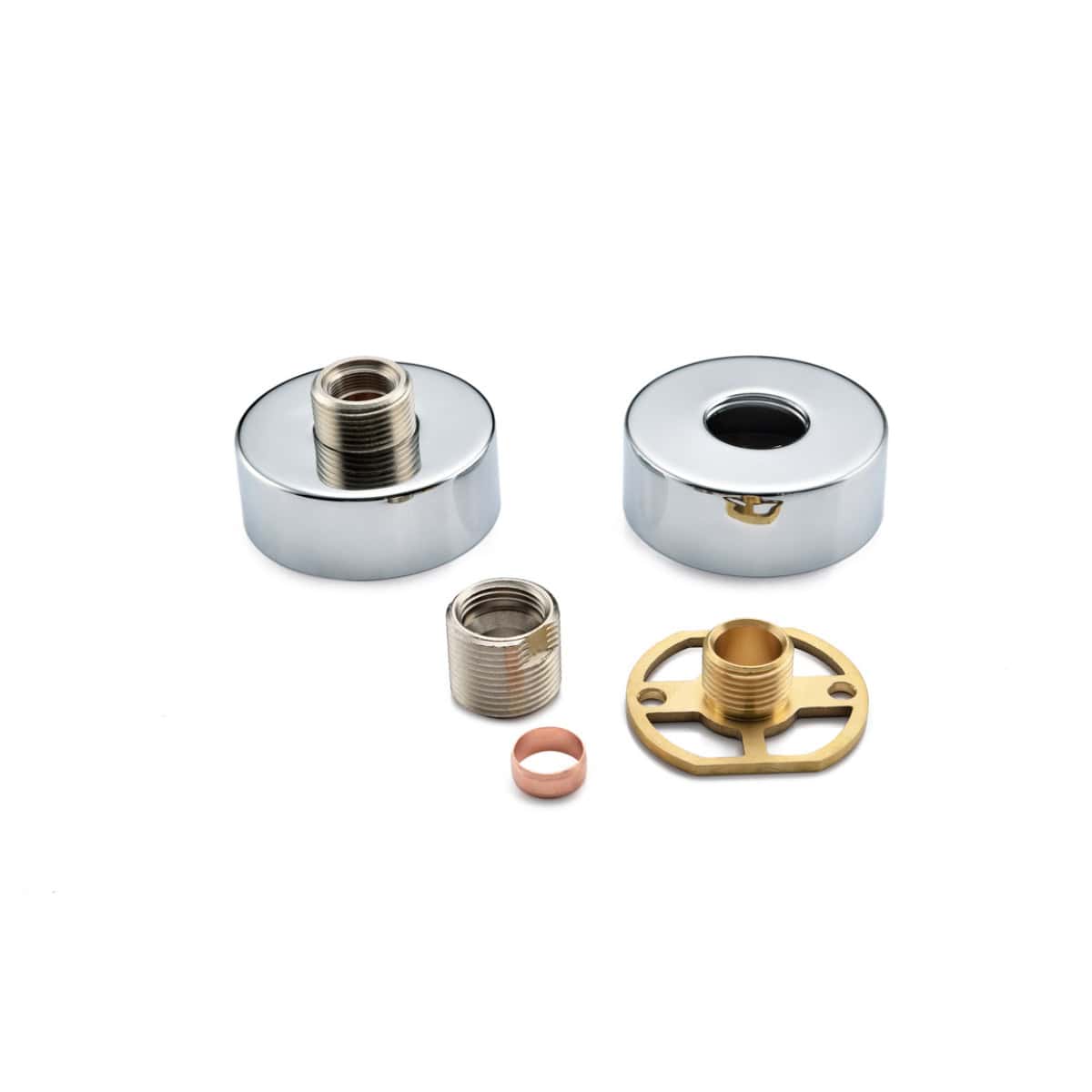 Refined bathroom tap repair kit components, including threaded connectors, escutcheons, and washers, designed for seamless plumbing fixes and durable performance.