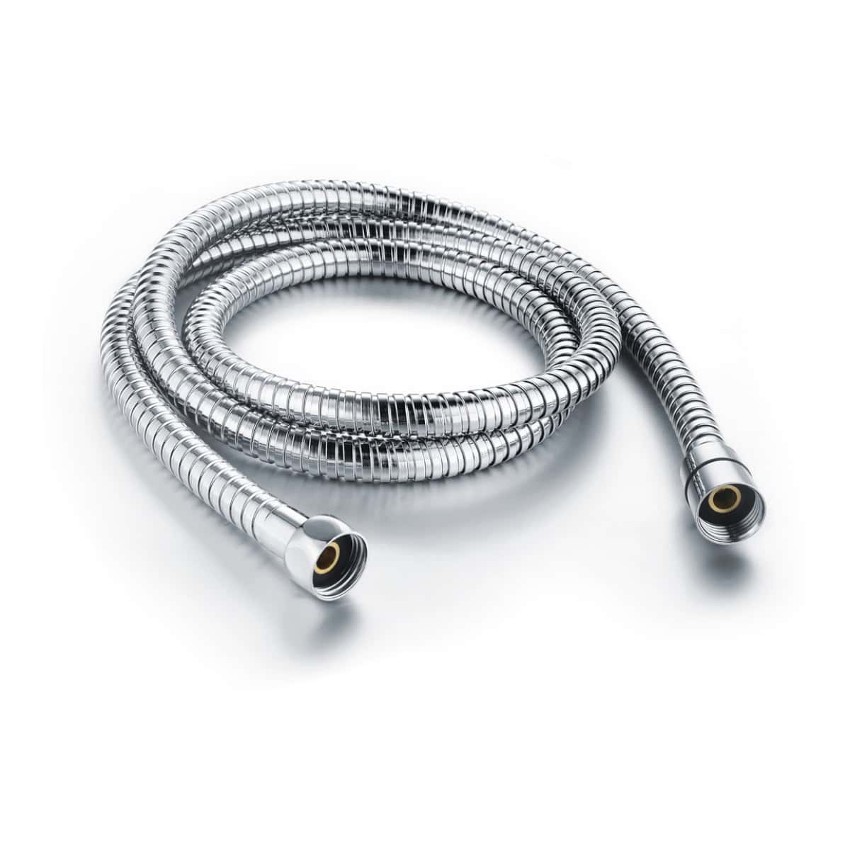 Shower hose in polished chrome finish, flexible and durable bathroom plumbing accessory, compatible with various shower heads for modern bathroom installation.