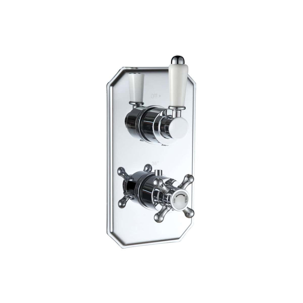 Shower control valve with chrome finish, vintage cross handles, and sleek design for modern bathroom bathrooms, ideal for customisable water temperature and flow in high-end shower systems.