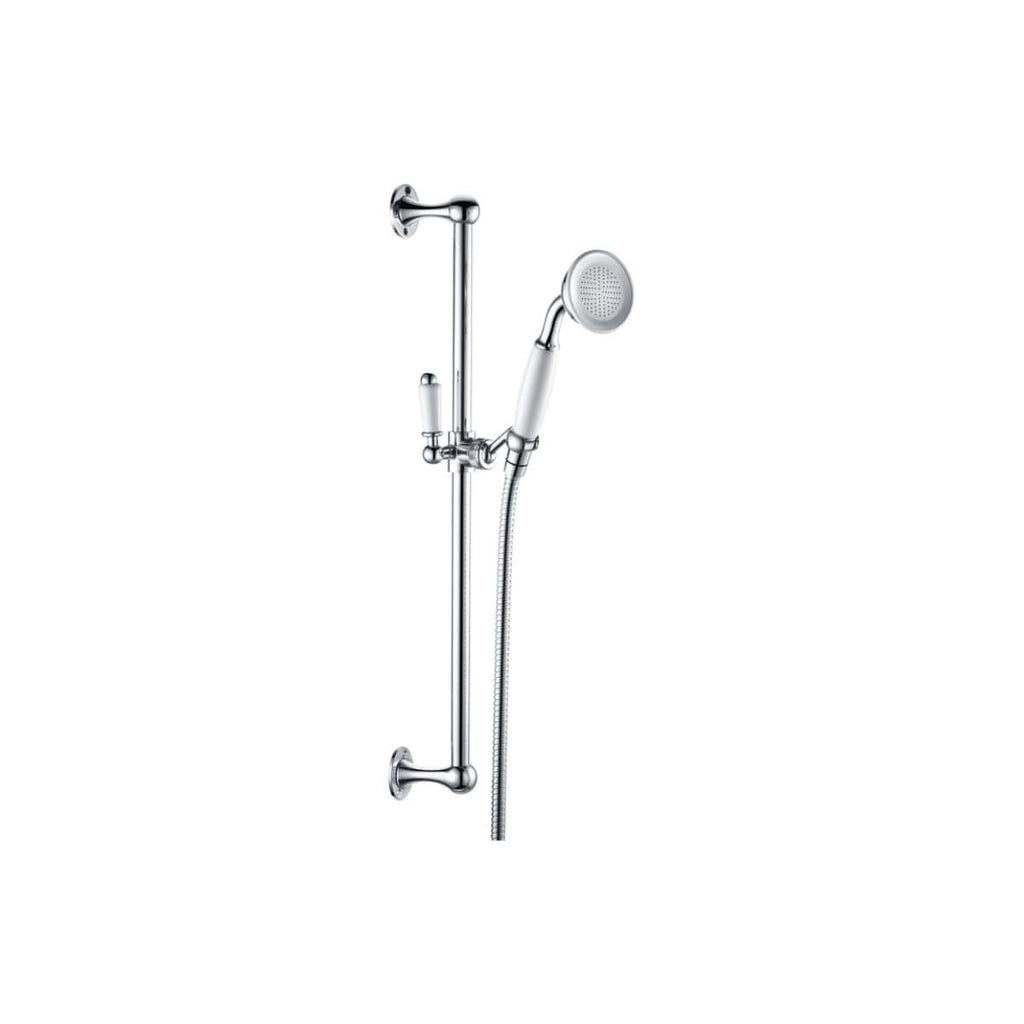 High-quality chrome shower rail and handheld showerhead for modern bathrooms, providing adjustable height and water flow control, ideal for accessible and stylish bathroom shower setups.