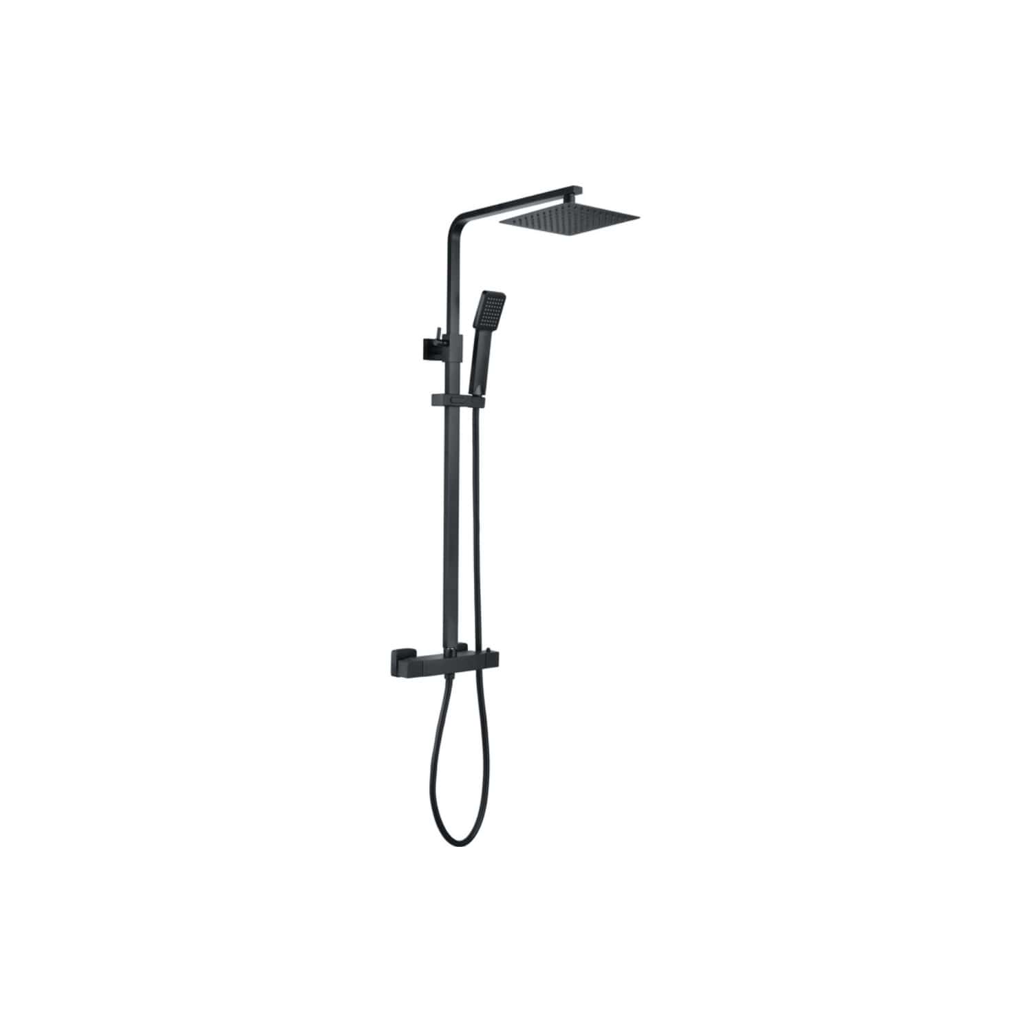 Modern black shower system with overhead rain shower, handheld showerhead, and integrated controls for a luxurious bathroom experience. Perfect for contemporary bathroom designs.