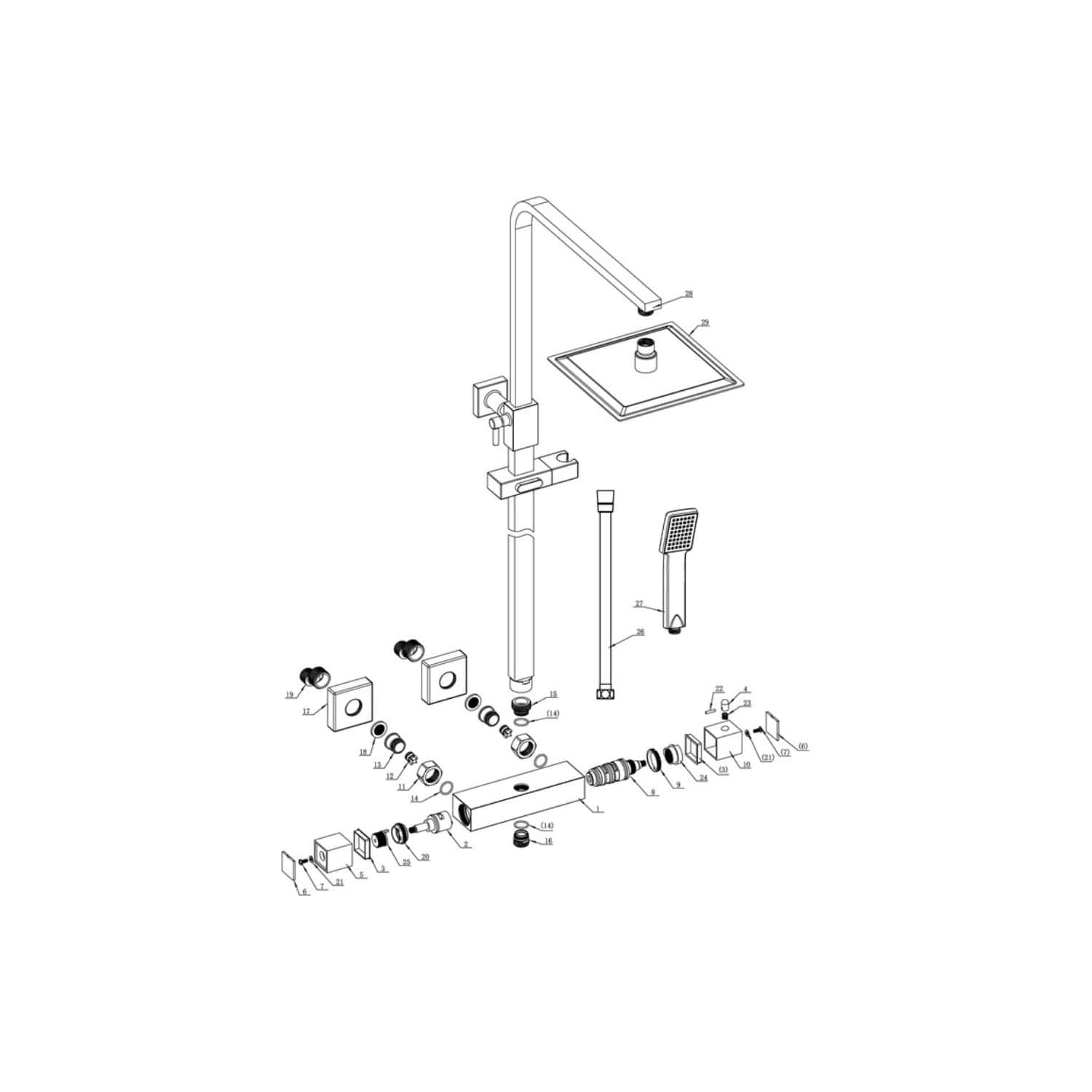 High-quality diagram of Bubly Bathrooms modular shower system, showcasing plumbing components, showerhead, faucet, and installation parts for modern bathroom renovation projects.