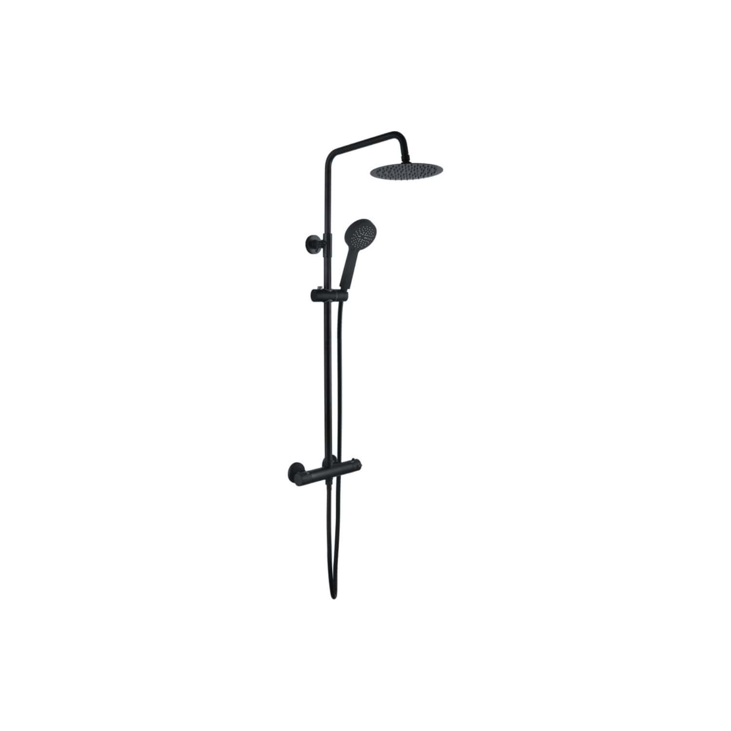 Polished black shower panel with rainfall and handheld shower heads, modern bathroom fixtures, and sleek design from Bubly Bathrooms.