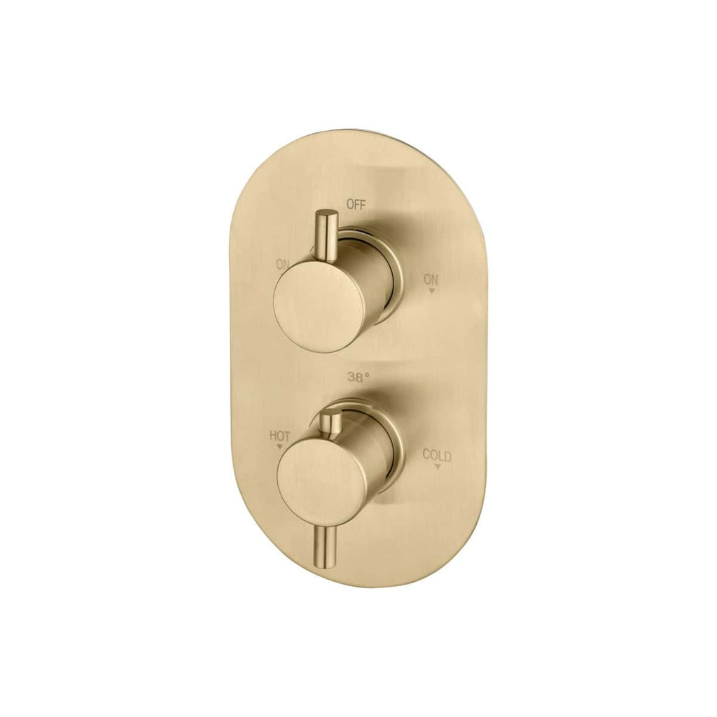 Luxurious brushed gold bathroom thermostatic shower valve with dual control for temperature and flow, ideal for modern bathroom designs. Perfect for precise temperature regulation and adding elegance.