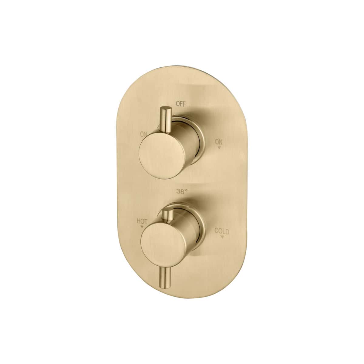 Luxurious brushed gold bathroom thermostatic shower valve with dual control for temperature and flow, ideal for modern bathroom designs. Perfect for precise temperature regulation and adding elegance.