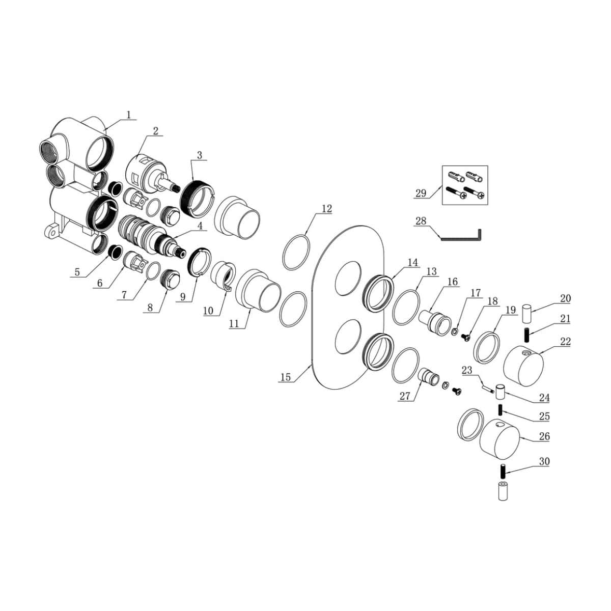 High-quality diagram of a bathroom shower valve assembly for Bubly Bathrooms, showcasing detailed exploded view with labelled parts for easy installation and maintenance.