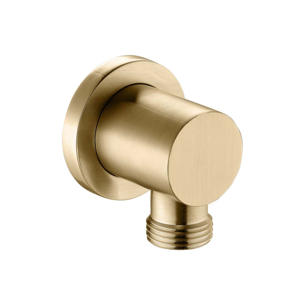 Shower arm fitting in brushed gold finish, ideal for modern bathroom plumbing installations and fixtures. Durable brass construction with a sleek, contemporary design.