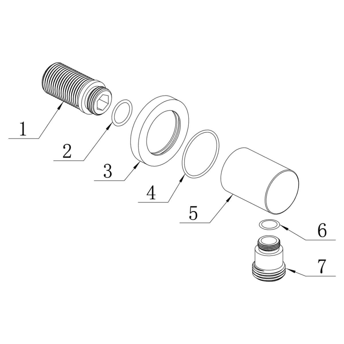 Flexible shower hose component exploded view, plumbing fitting parts for bathroom shower installation, including connectors, washers, and adapters.