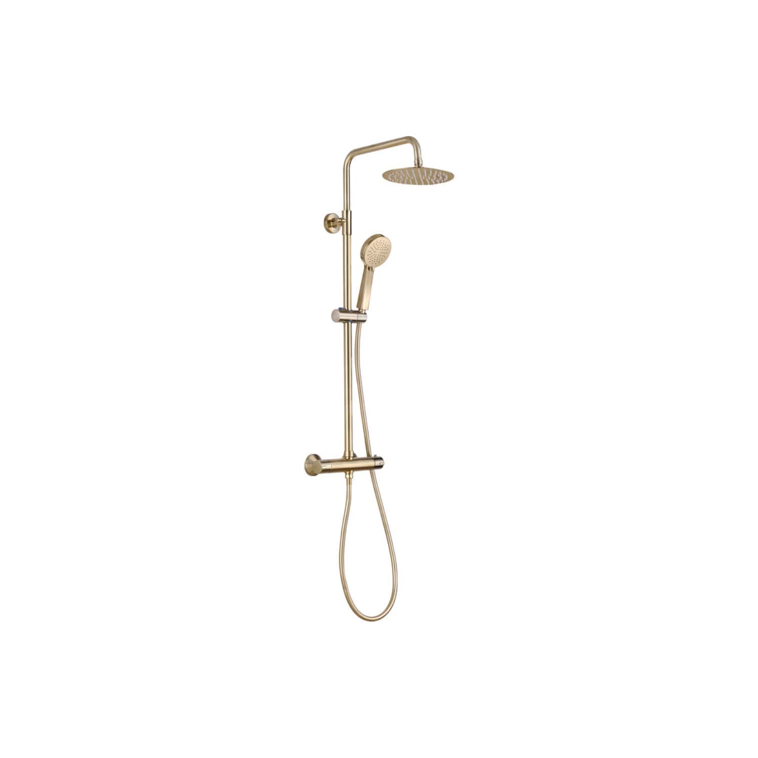Shiny gold rainfall shower system with handheld showerhead and adjustable height rail, ideal for modern bathroom upgrades.