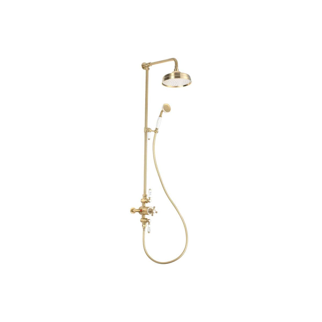 Elegant gold shower system with overhead and handheld shower heads, perfect for luxurious bathroom upgrades and modern bathroom design.