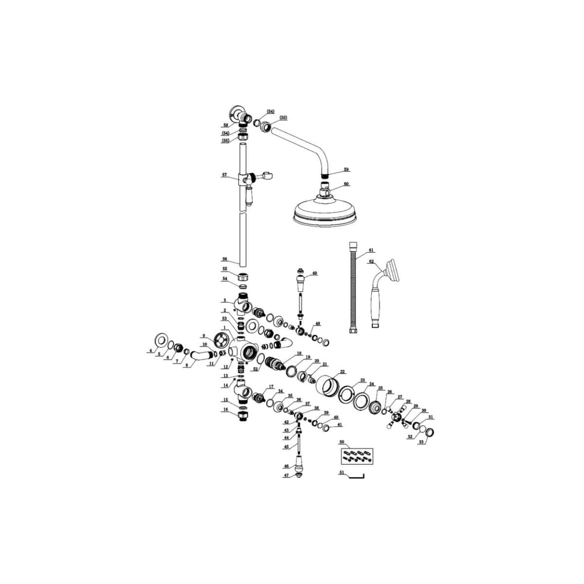 Flexible bathroom shower pipe and fitting diagram for Bubly Bathrooms, showcasing plumbing components and assembly instructions for reliable shower installation.