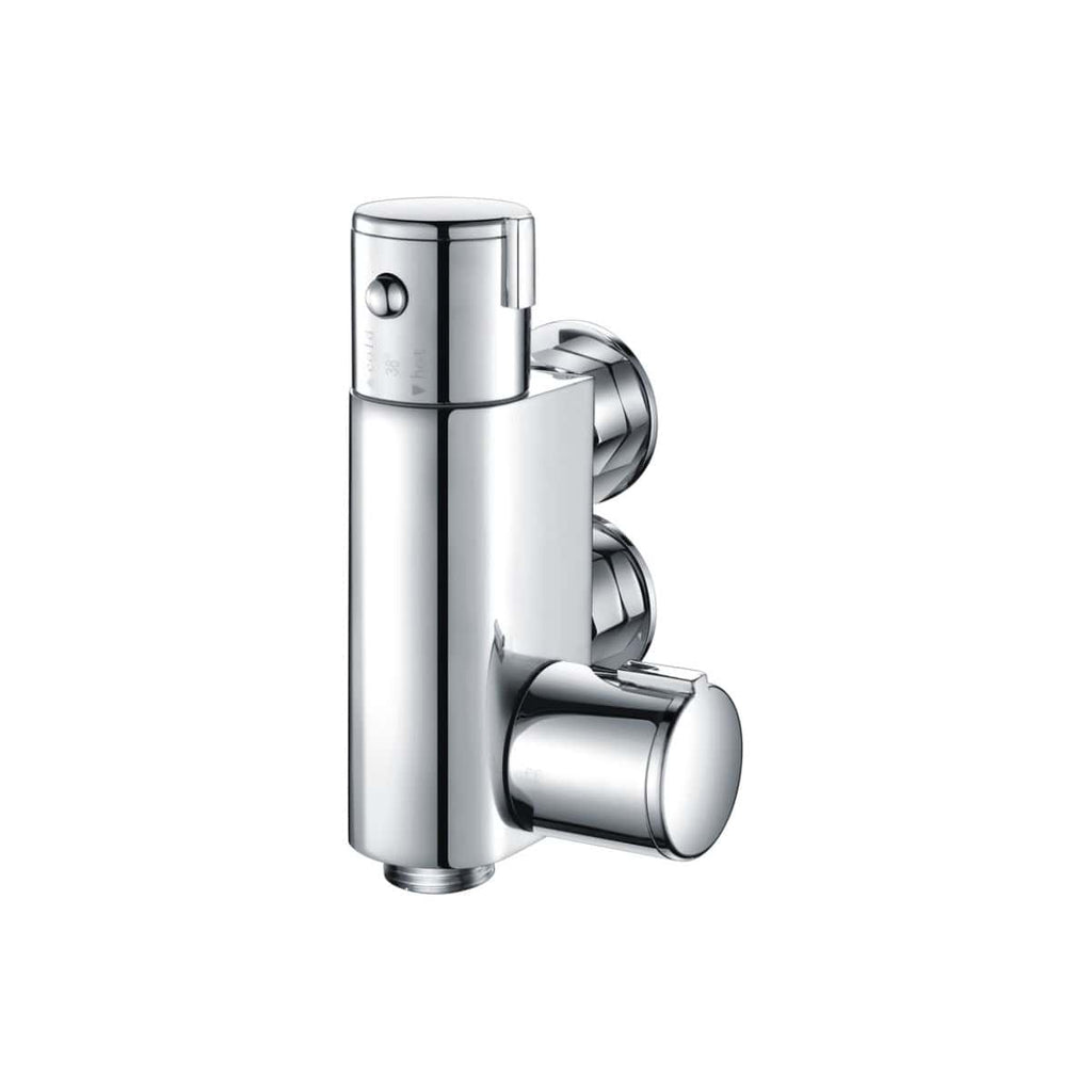 Sleek chrome thermostatic shower valve with digital temperature control for modern bathrooms. Durable, high-quality material ideal for precise water temperature adjustment.