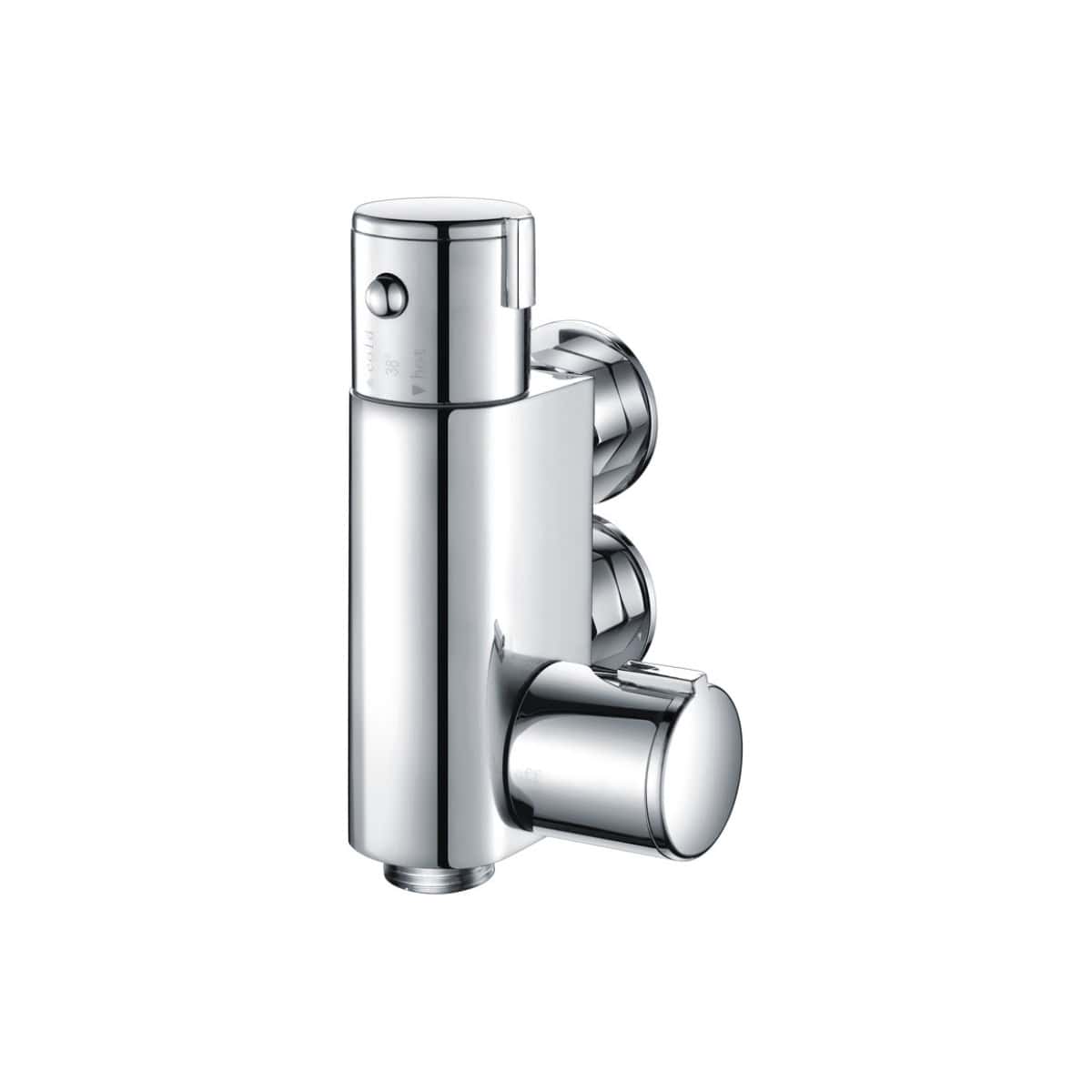 Sleek chrome thermostatic shower valve with digital temperature control for modern bathrooms. Durable, high-quality material ideal for precise water temperature adjustment.