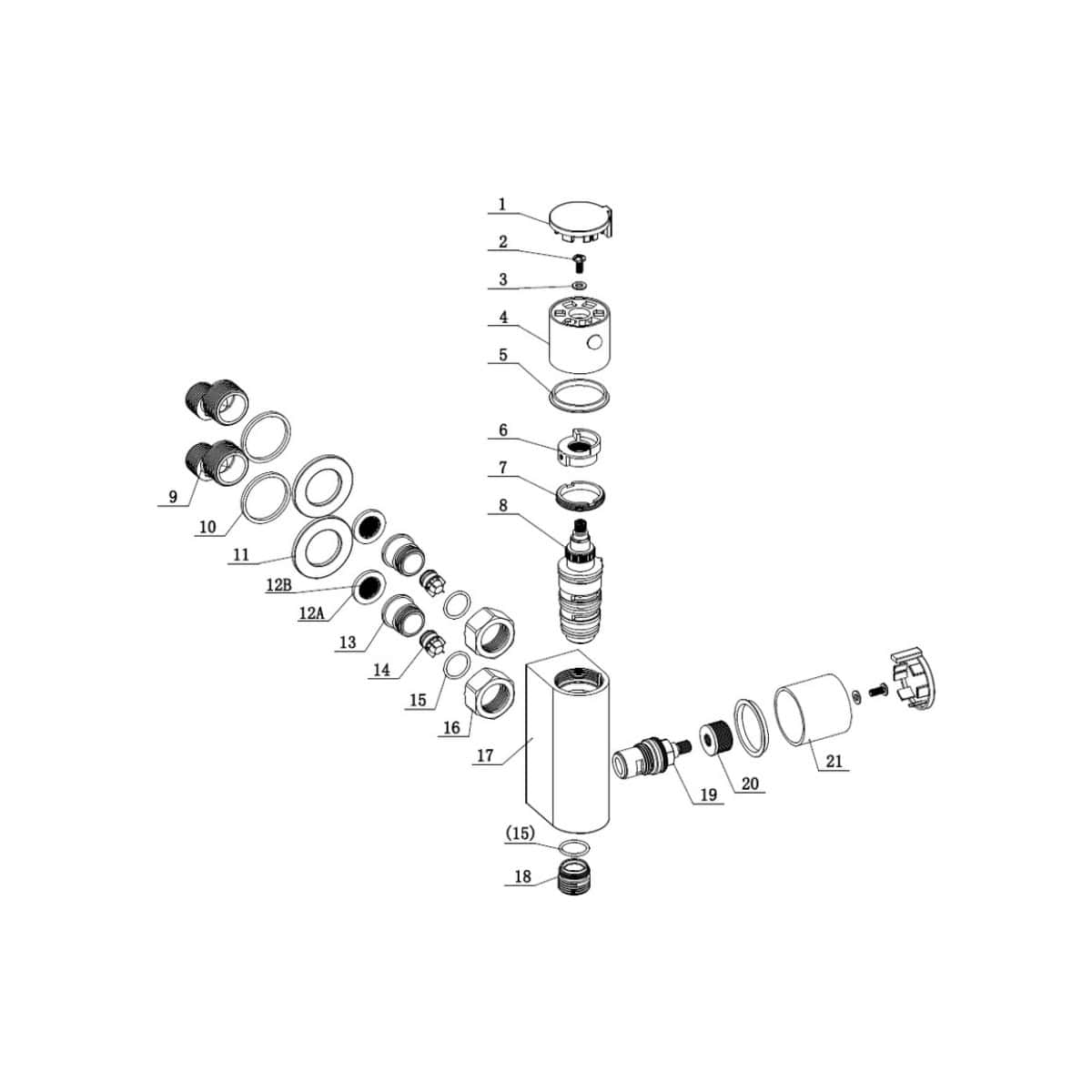 Highly detailed technical diagram of a Bubly Bathrooms toilet fill valve, showing all parts and assembly for precise bathroom plumbing installation and repair.