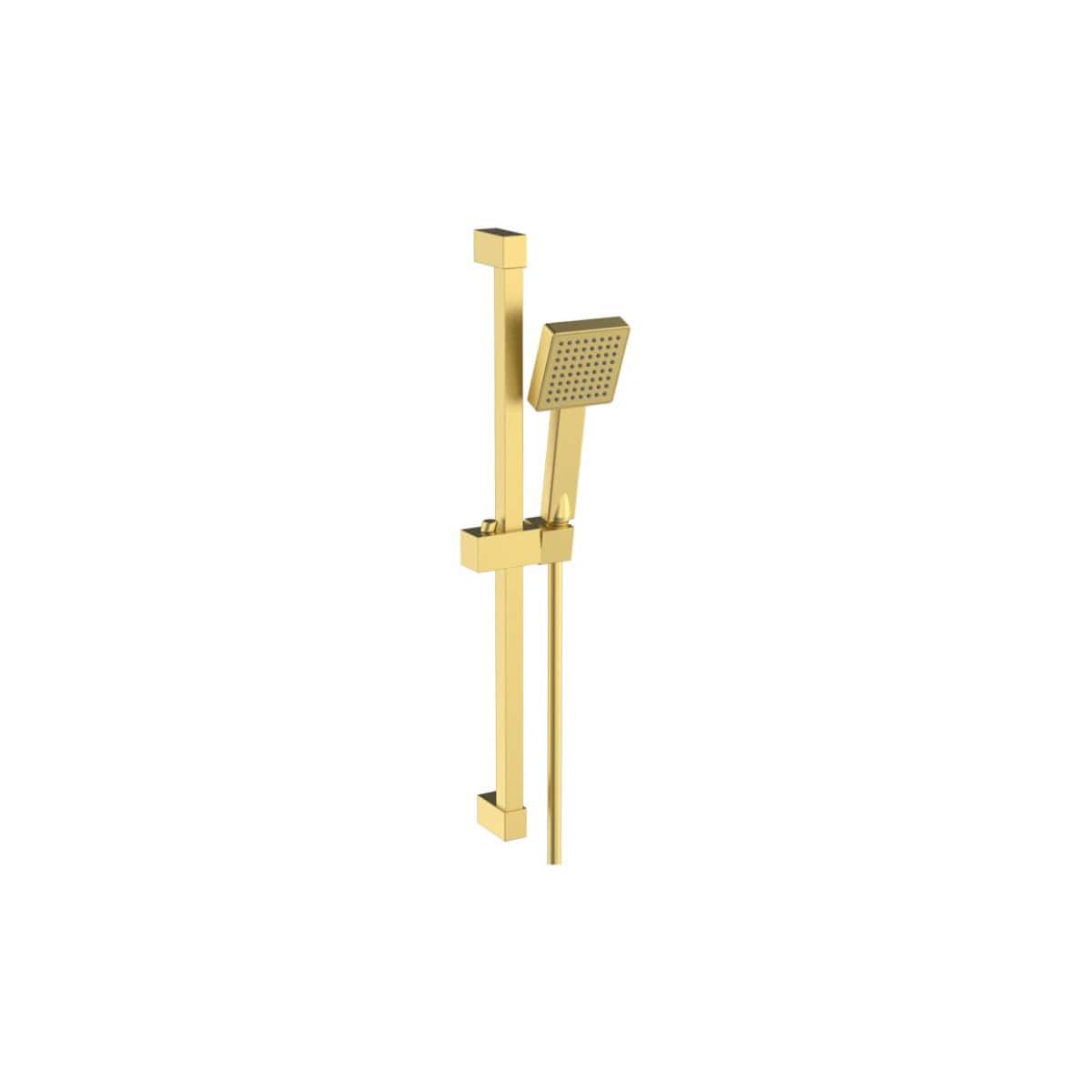 Polished gold shower panel with showerhead and hand spray for luxury bathroom upgrades.