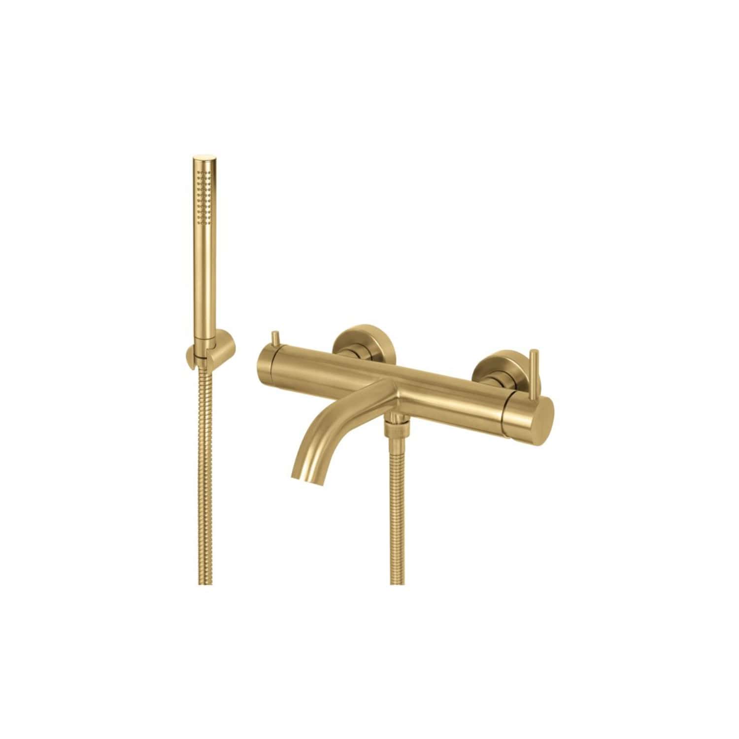 Brass bath mixer tap with handheld shower and flexible hose for modern bathroom renovation and stylish water delivery.