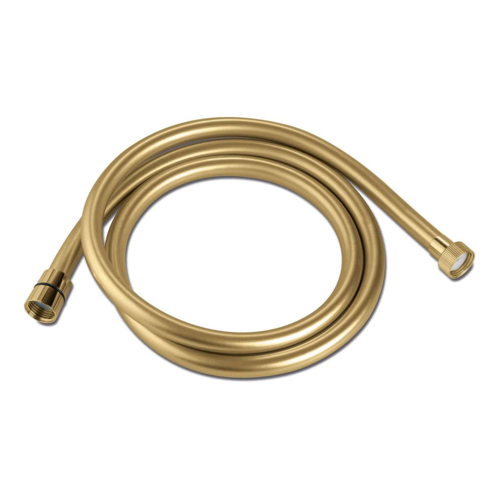 Flexible gold shower hose suitable for bathroom renovation and plumbing repairs.