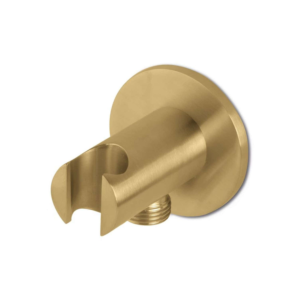 Brass shower arm mount with a polished finish, designed for secure and stylish bathroom plumbing fixtures. High-quality brass construction ensures durability and resistance to corrosion.